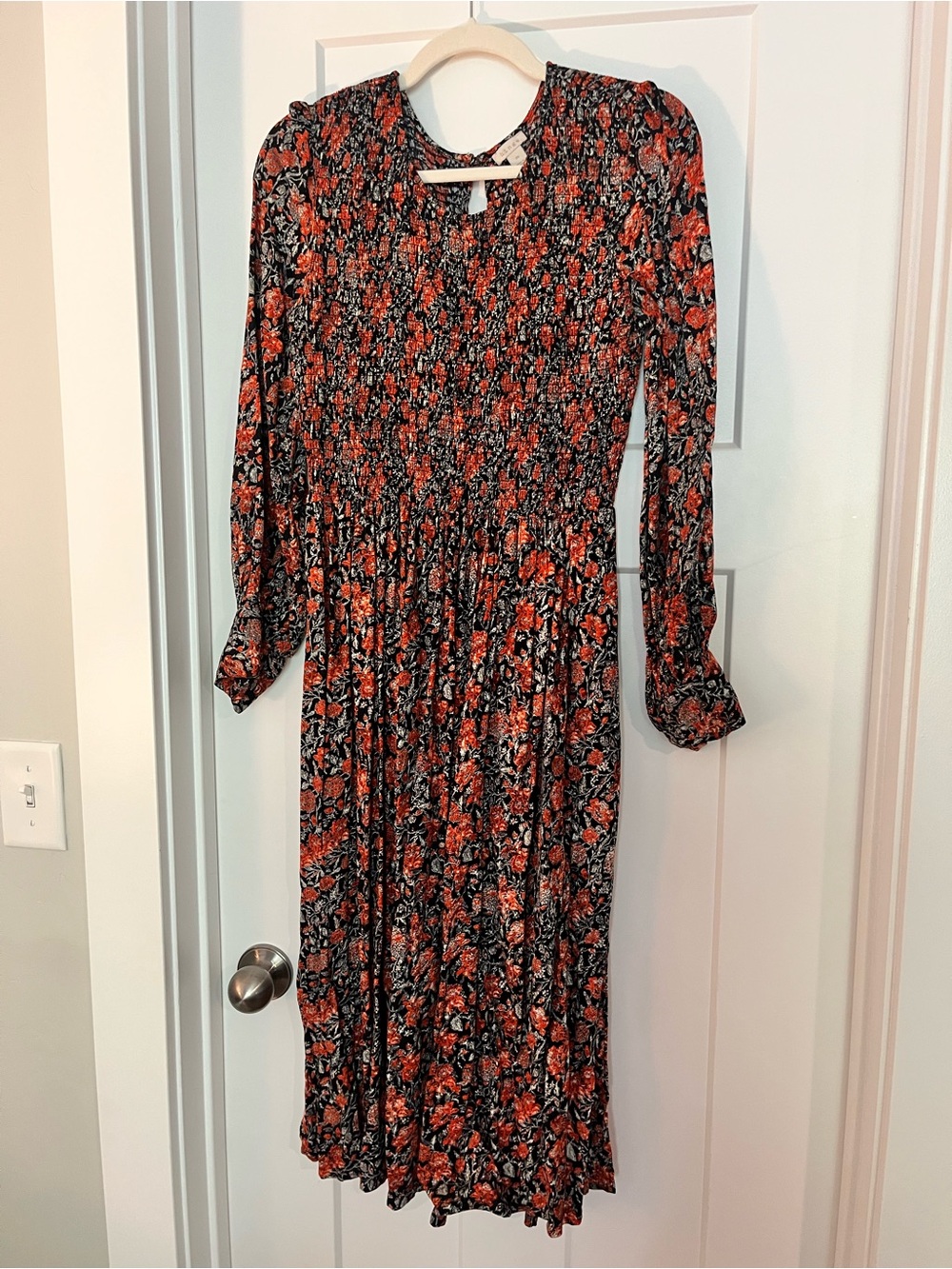 Hinge Fall Floral Smocked Long Sleeve Midi Dress